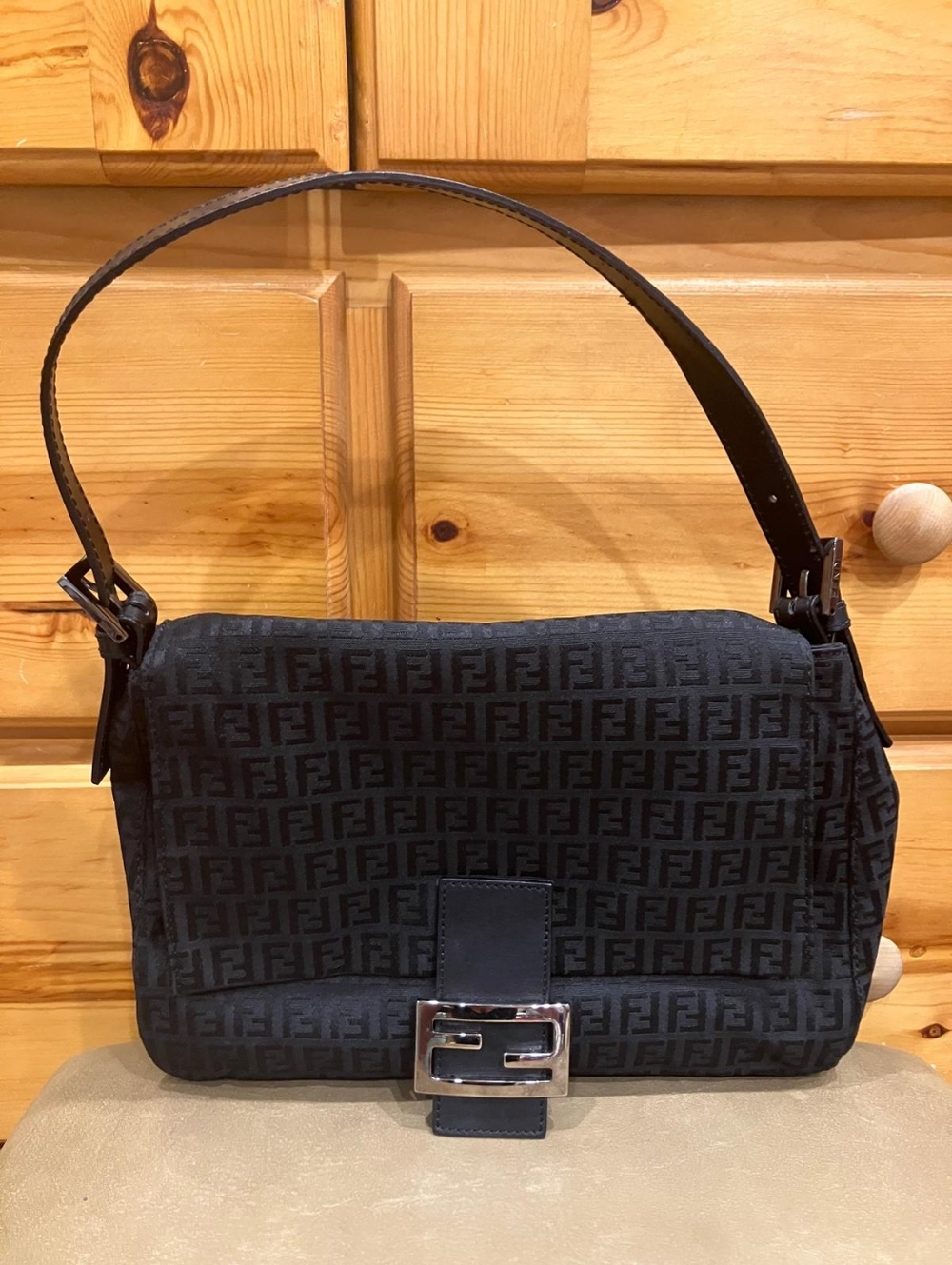 Fendi Black Zucca Canvas Baguette Shoulder Bag